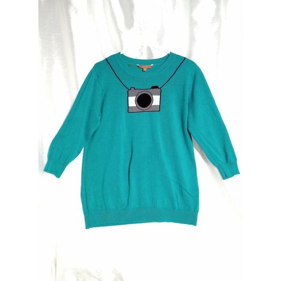 Retro MODCLOTH blue green teal camera Sweater photography 3/4 sleeve - Picture 3 of 5